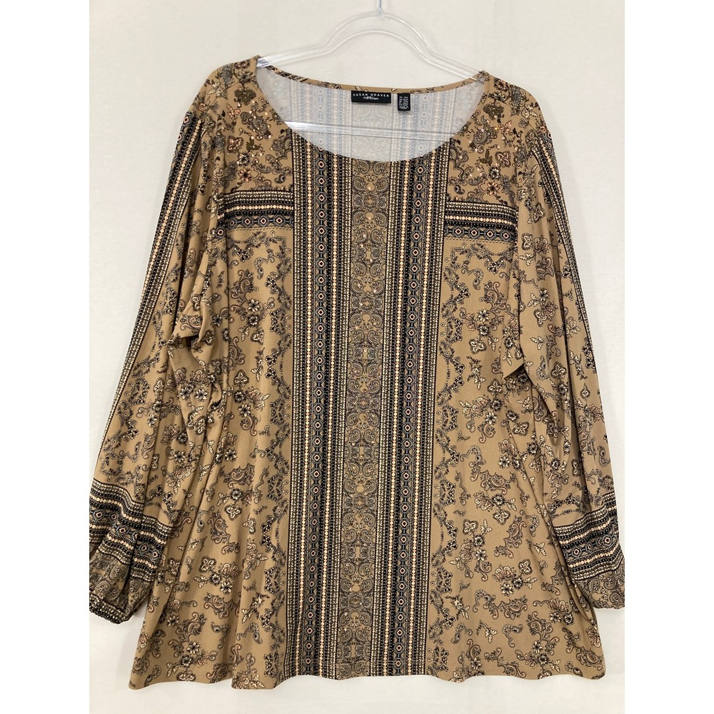 Susan Graver Artisan Top size 2XP Tan Paisley Beaded Artsy Stretch Liquid Knit